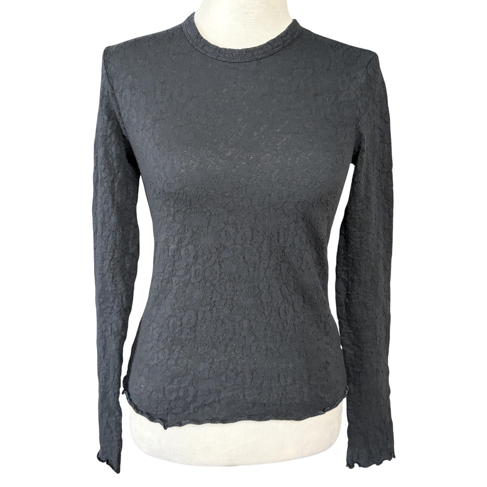 Rag & Bone Womens Black Floral Textured Sheer Long Sleeve Slim Stretch‎ Top XS